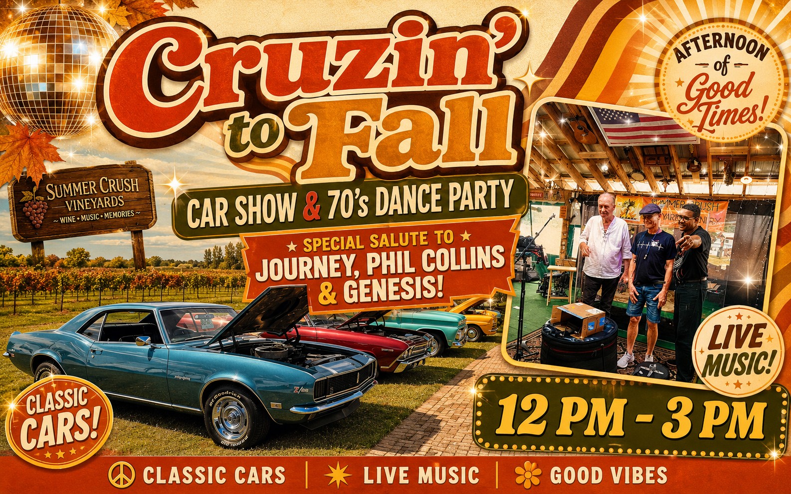 Cruzin' to Fall Car Show & 70's Dance Party with Special Salute to Journey, Phil Collins & Genesis! Cruzin' to Fall Car Show & 70's Dance Party with Special Salute to Journey, Phil Collins & Genesis!